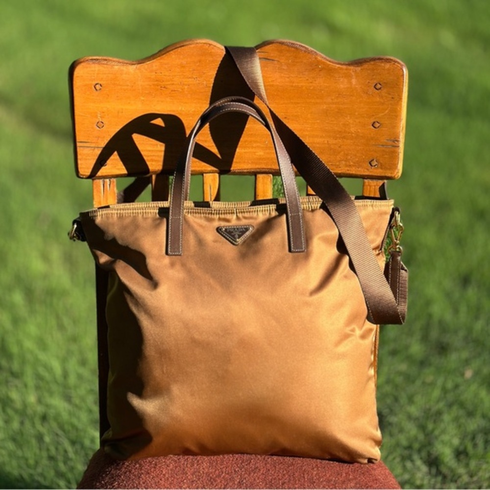AUTHENTIC Tessuto Nylon Saffiano Shopping Tote. Tan. - Picture 13 of 15